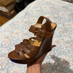 Brown Leather Stuart Weitzman Wedge Sandals, Size 7.5— Fairly Used— NO BOX